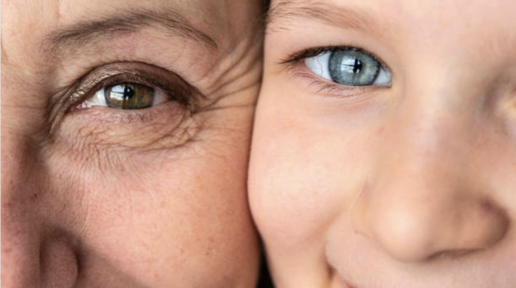 Grandmother and grandchild side by side showing their unique eye colors across generations