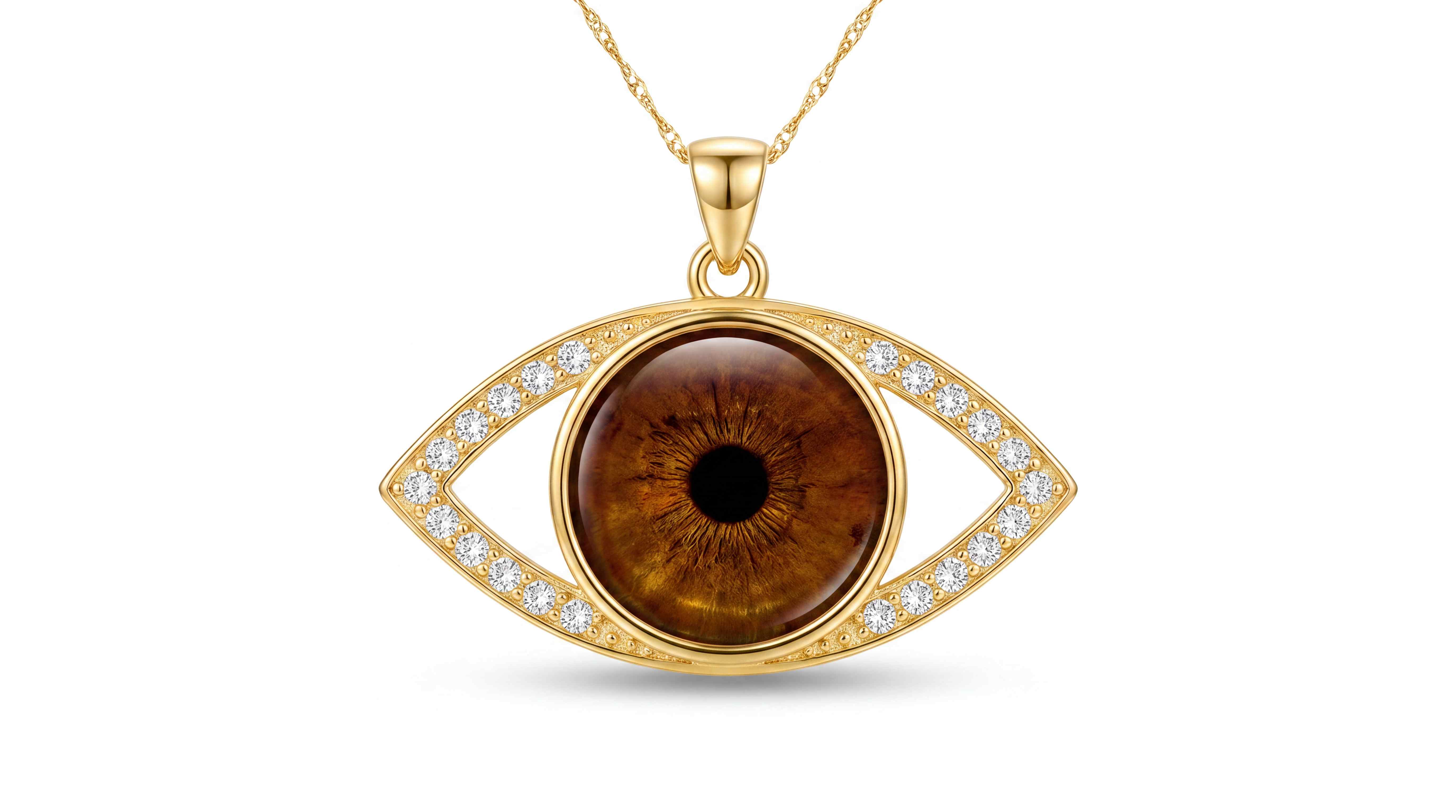 The Angel Eye Crystal pendant — an eye-shaped sterling filled iris pendant lined with Zirconia crystals and a custom iris photograph set under glass. Personalized iris photography jewelry by Eyeris Art Gallery.