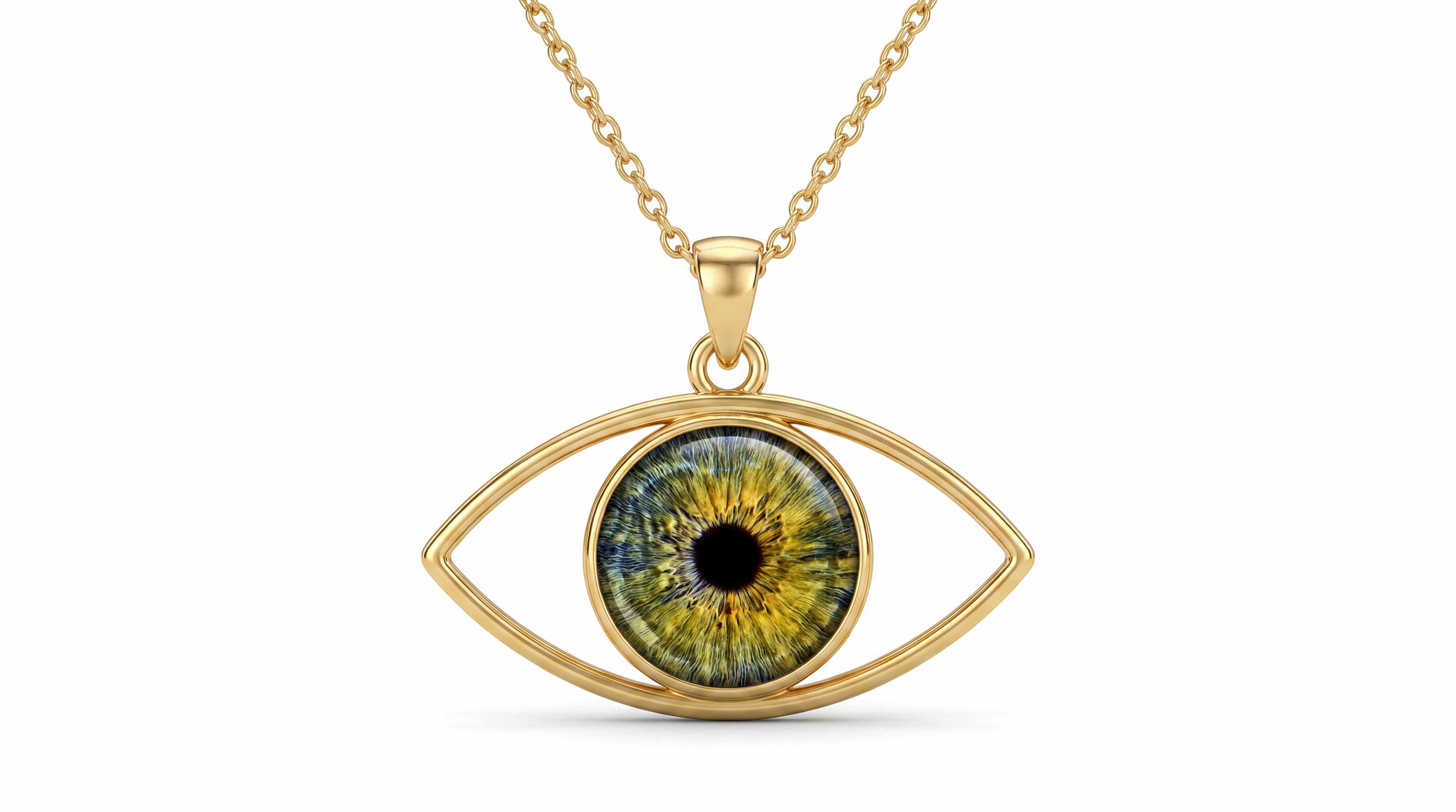 The Angel Eye pendant — an eye-shaped sterling filled iris pendant with a custom iris photograph set under glass. Personalized iris photography jewelry by Eyeris Art Gallery.
