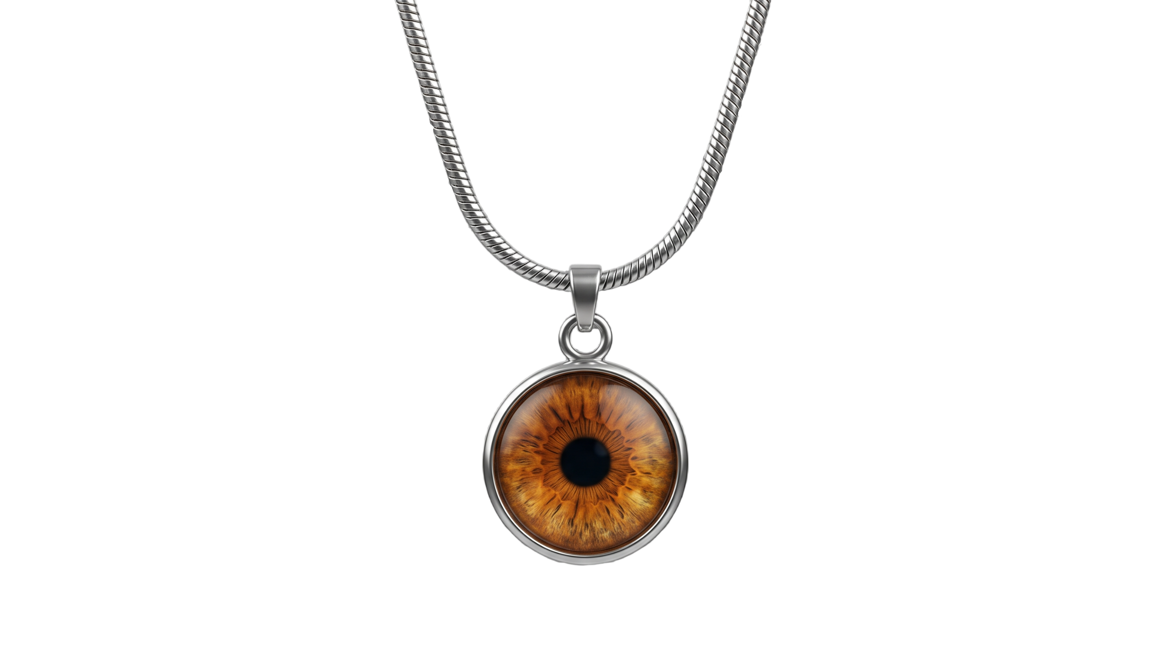 The Eyeris Classic necklace — a round iris charm featuring a custom amber-brown iris photograph set under a domed glass cabochon in a polished stainless steel bezel, hanging from a silver snake chain. Personalized iris photography jewelry by Eyeris Art Gallery.