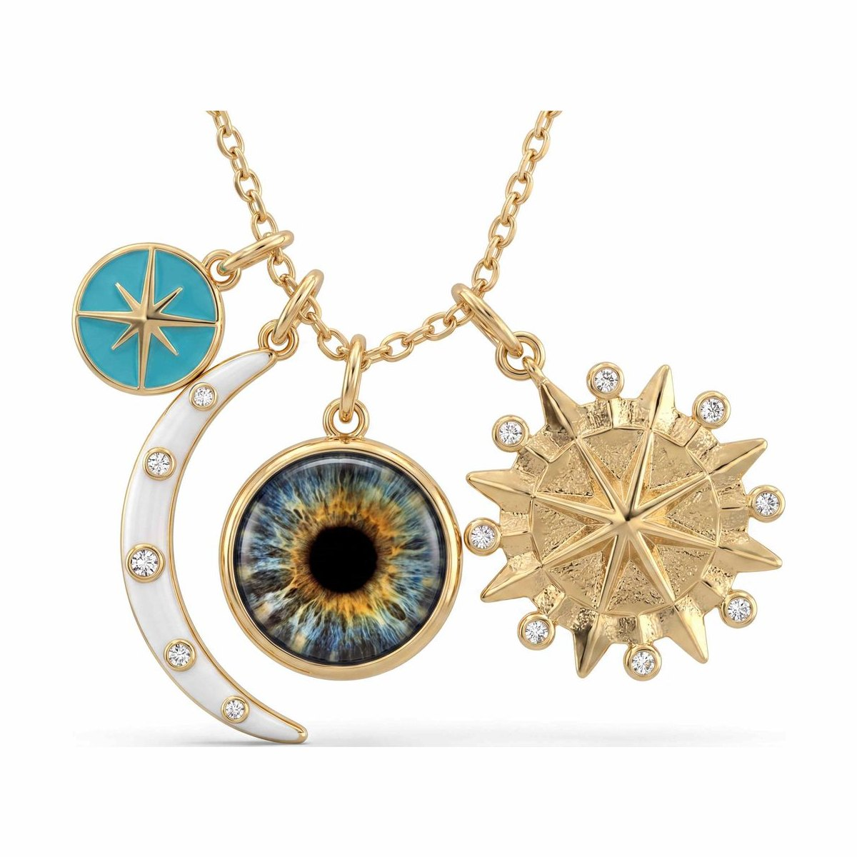 Eyeris Luxe necklace style G1 — custom iris pendant with turquoise north-star, white enamel crescent moon, and diamond sunburst star charms in gold.