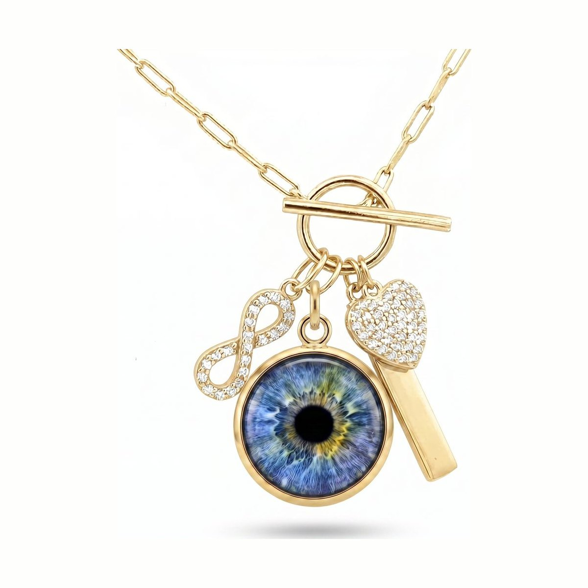 Eyeris Luxe necklace style G14 — custom iris pendant with a toggle clasp, pavé infinity, and pavé heart charms in gold.