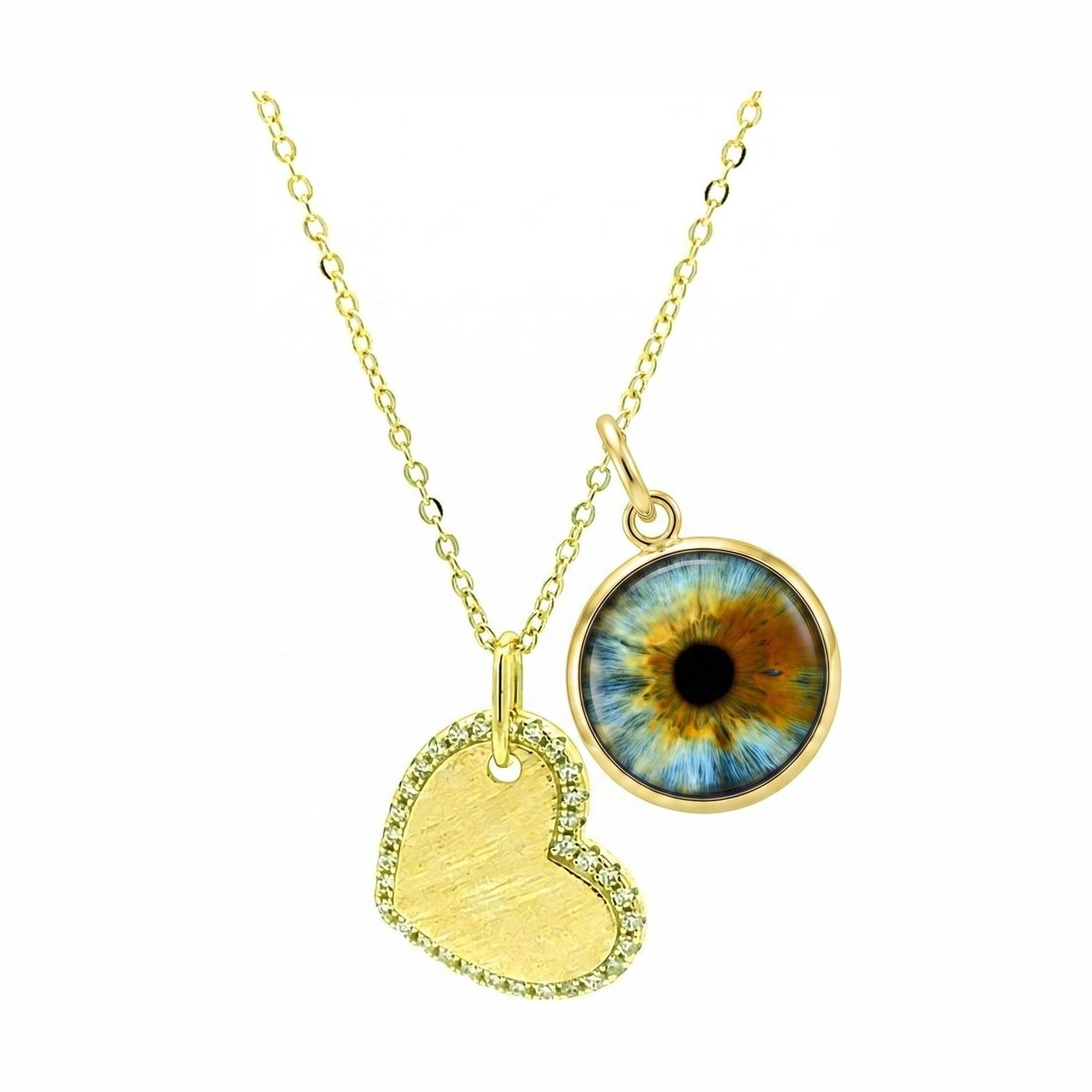 Eyeris Luxe necklace style G17 — custom iris pendant with a pavé-outlined brushed heart charm in gold.