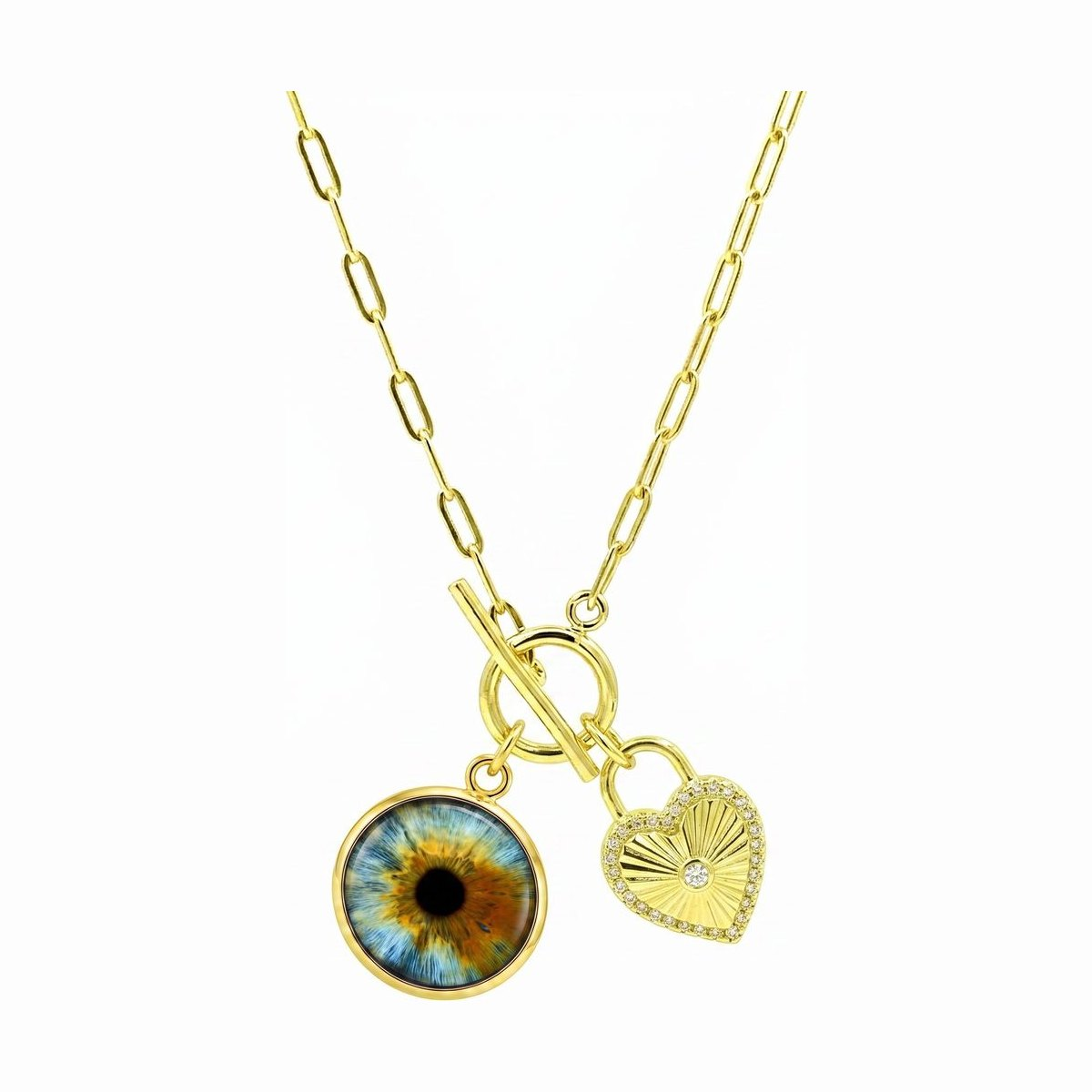 Eyeris Luxe necklace style G2 — custom iris pendant with a toggle clasp and a diamond-haloed fluted heart charm in gold.