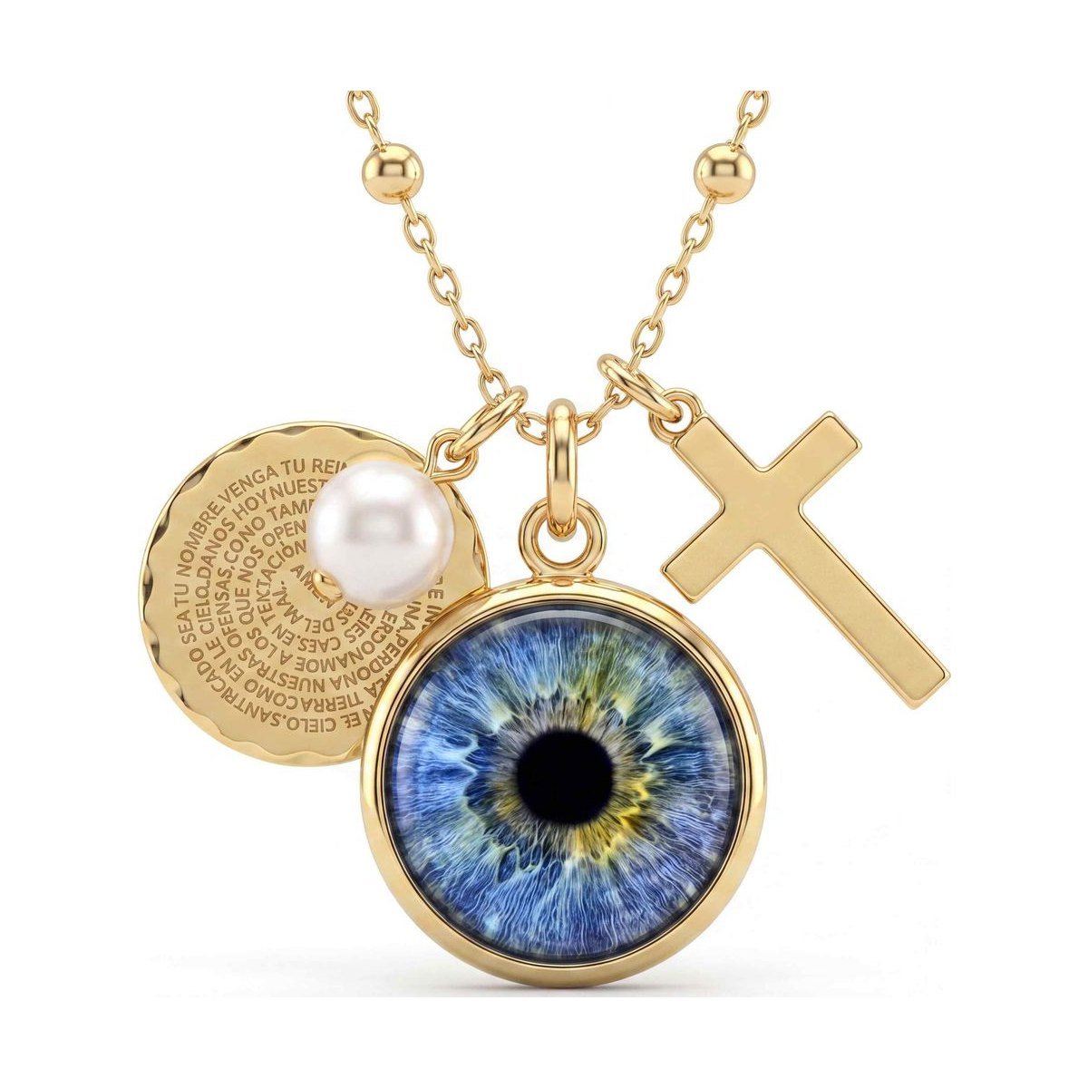 Eyeris Luxe necklace style G4 — custom iris pendant with a cross, pearl, and engraved prayer medallion charms in gold.