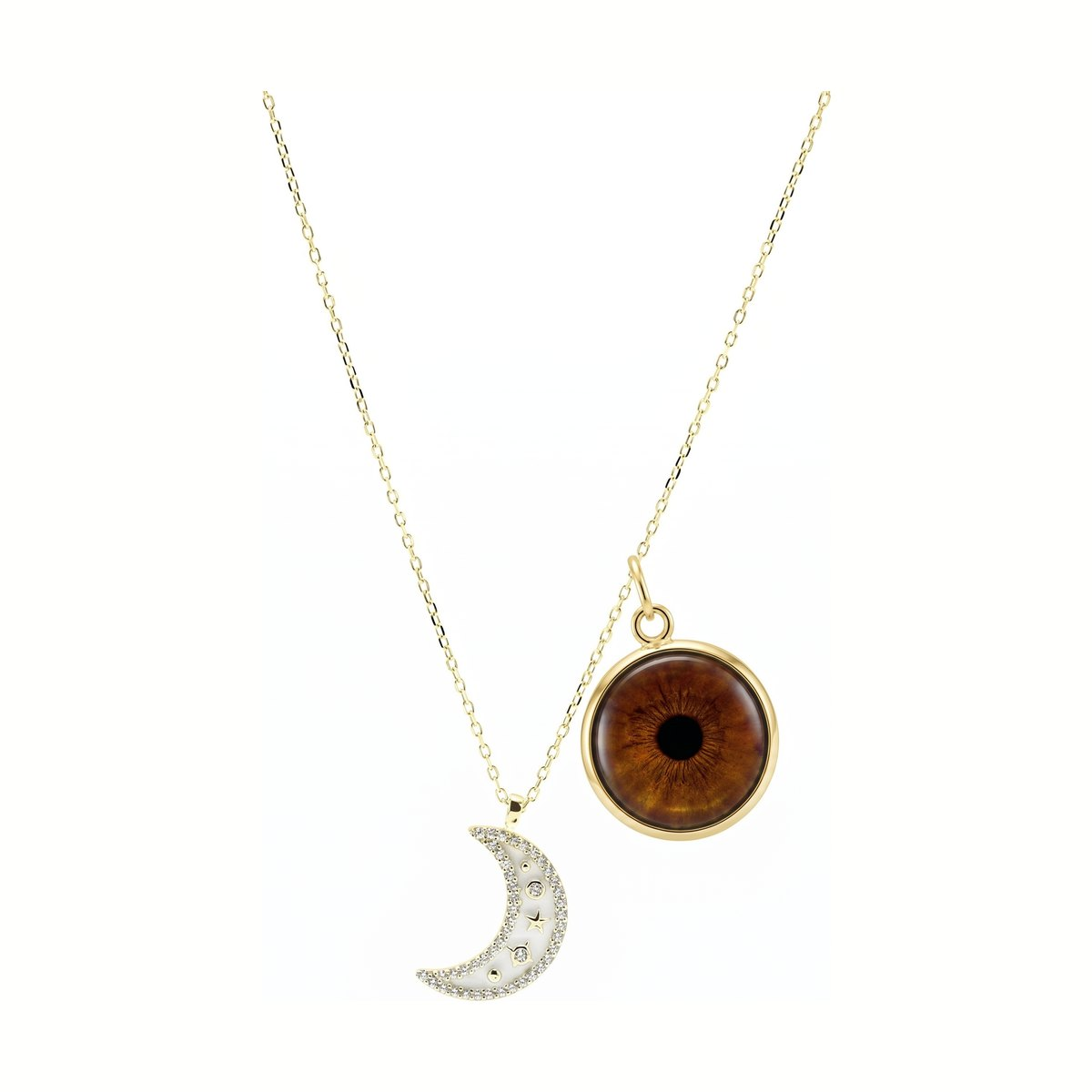 Eyeris Luxe necklace style G8 — custom iris pendant with a crystal and enamel crescent moon and star charm in gold.